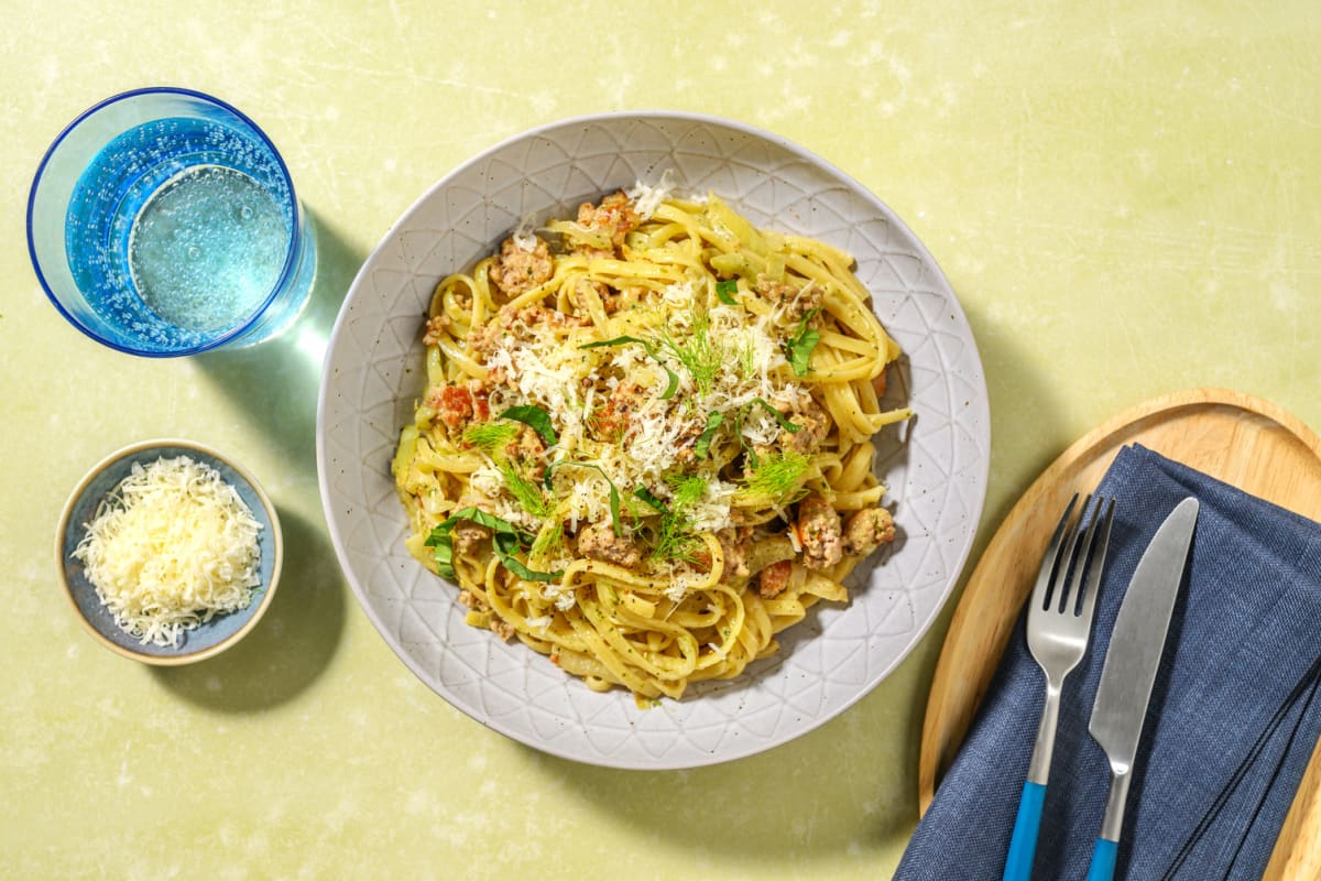 Linguine saucisse, fenouil & crème de basilic