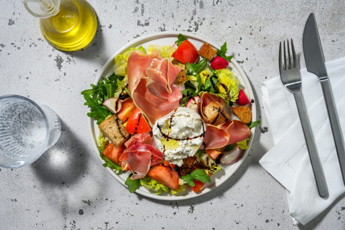 Salade express burrata, jambon sec & tomate