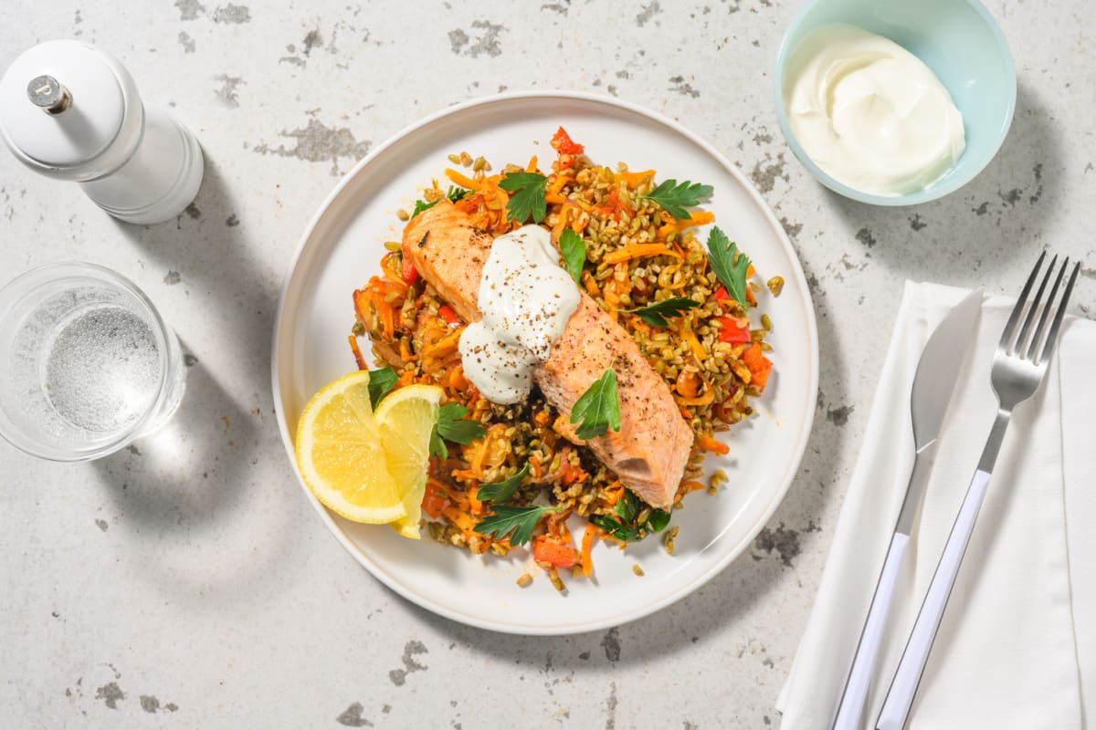 Poêlée de freekeh, saumon & herbes