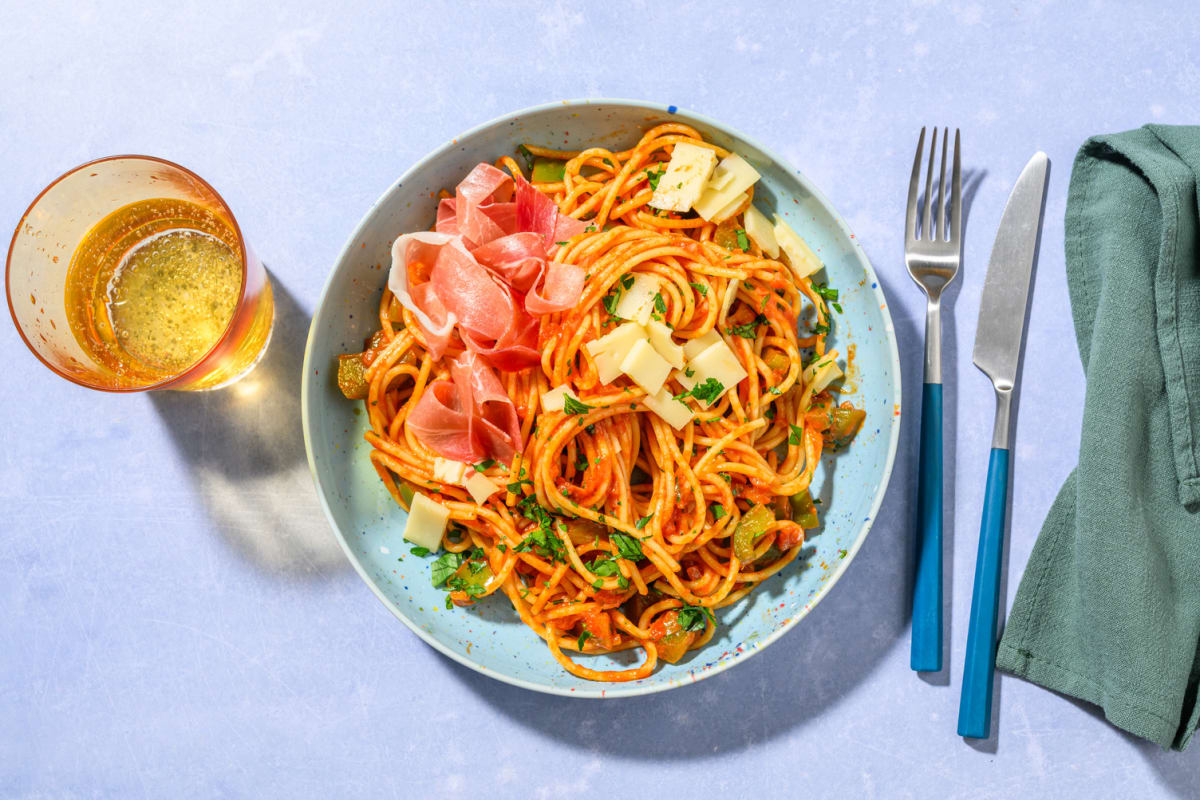 Spaghetti du Sud-Ouest : poivrons & jambon sec