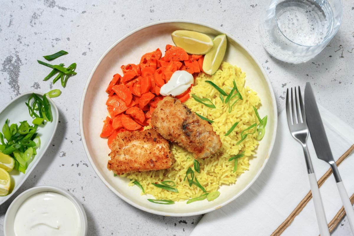 Seelachs in Kokos-Panko mit Curryreis