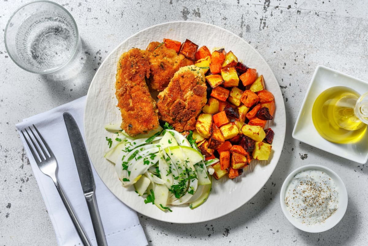 Crispy chicken tenders with roasted veg