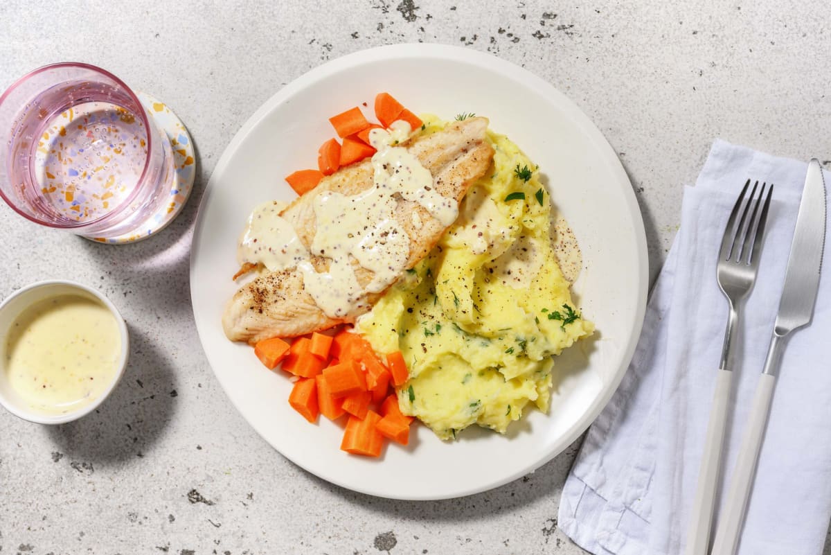 Fischfilet mit Kartoffelpüree und Senfrahm