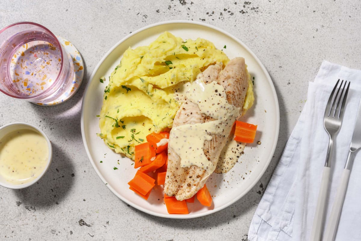 Fischfilet mit Kartoffelpüree und Senfrahm