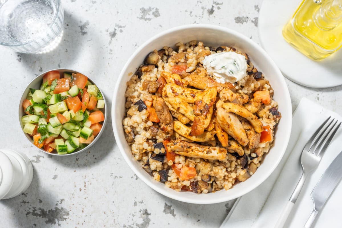 Couscous perlé au poulet à l'orientale et aubergine