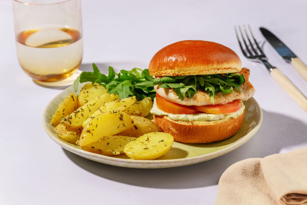 Pesto Chicken Burger and Herby Potatoes
