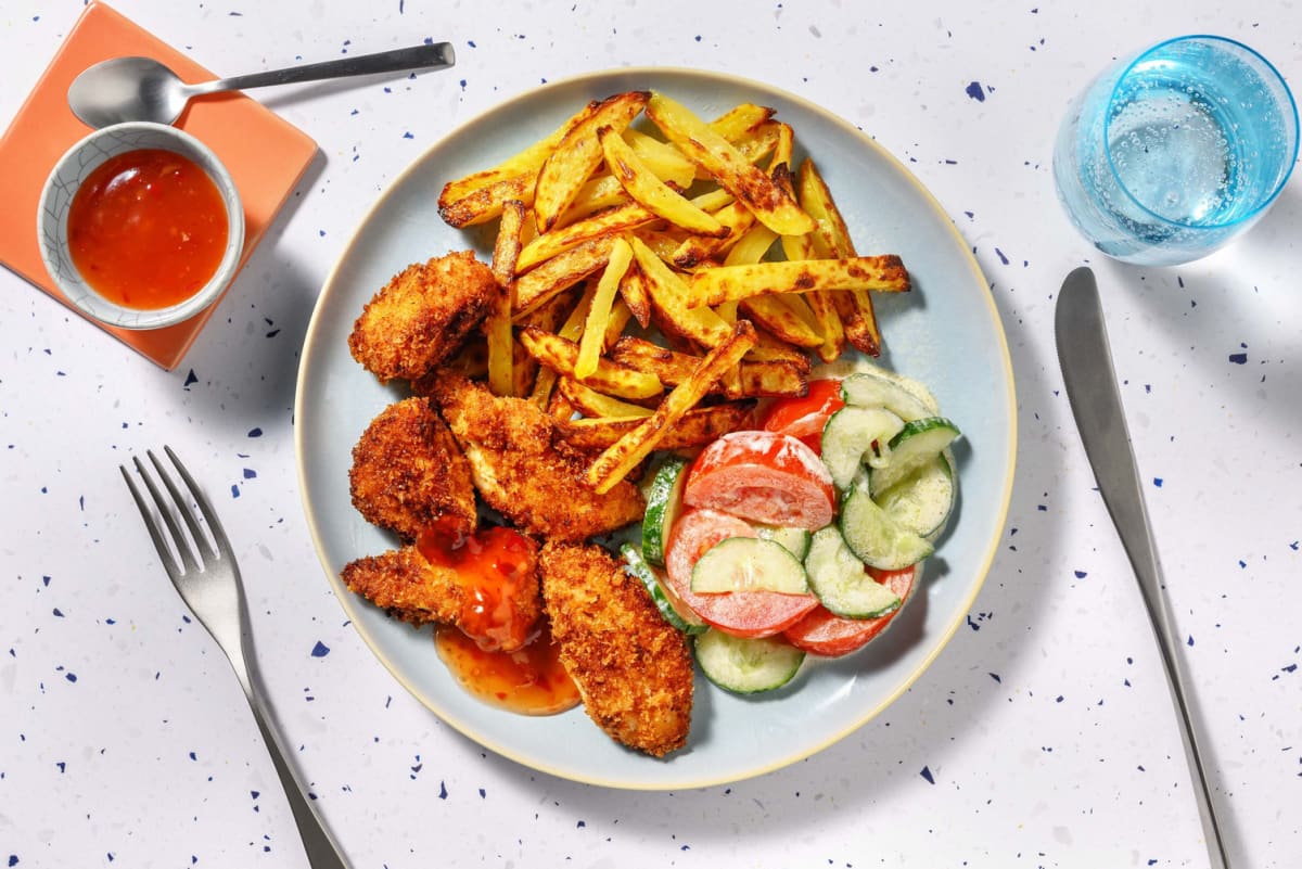 Zelfgemaakte kipnuggets met frietjes
