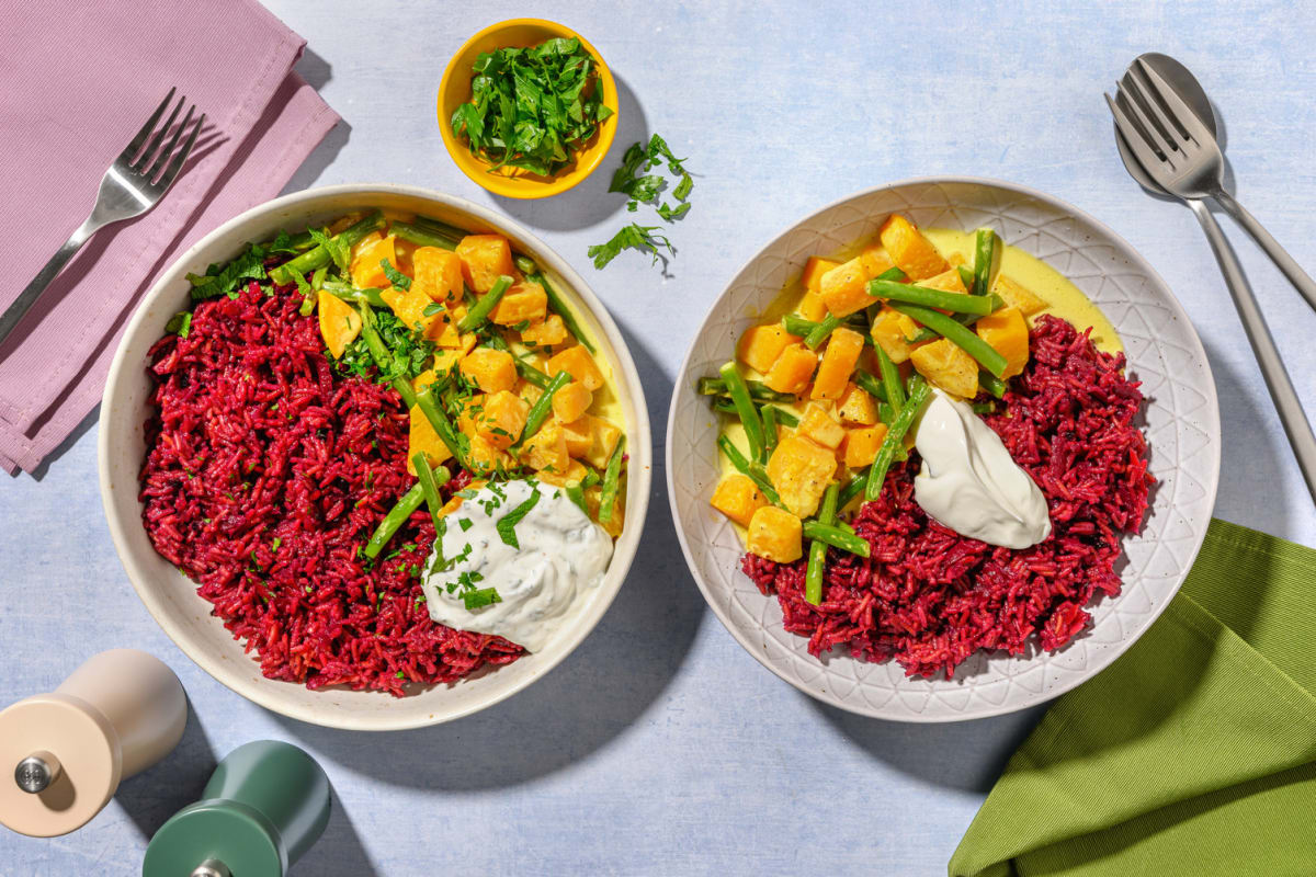 Lila Lieblingsreis mit Kürbis-Kokos-Curry 