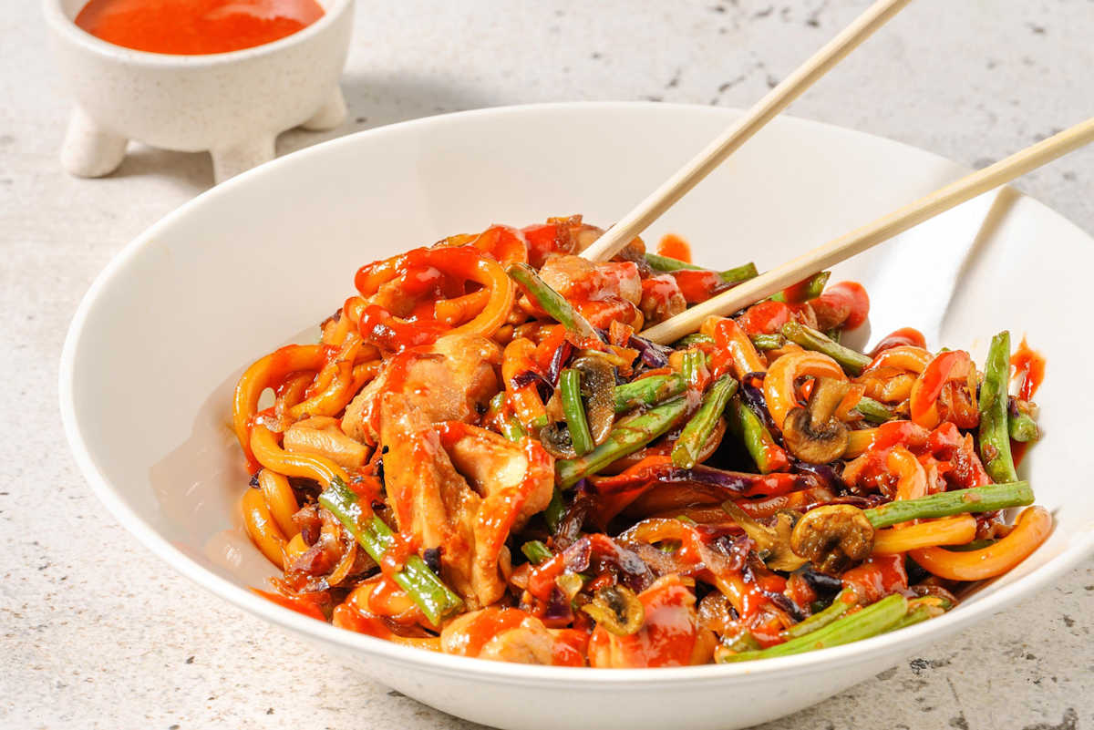 One Pan Honey Sriracha Double Chicken Udon