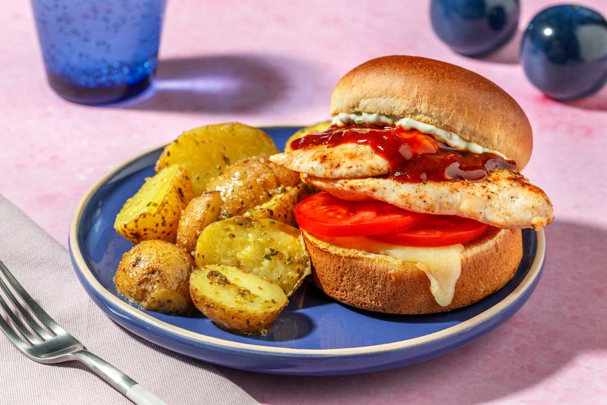 Cheesy Chicken Burger with Herby Potatoes and Bacon