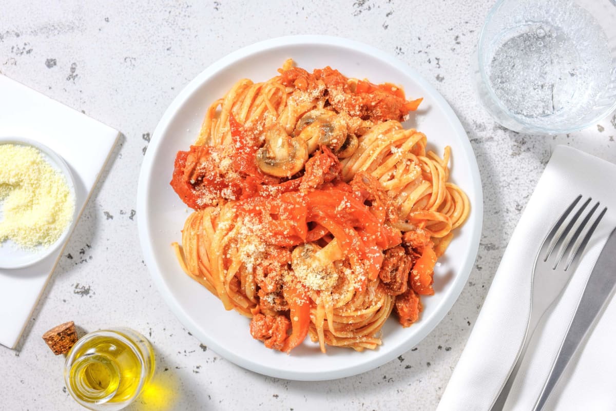 Bell Pepper, Mushroom and Chorizo Linguine