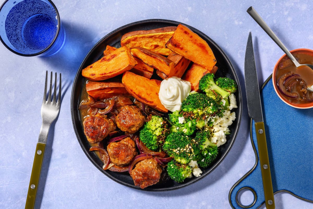 Boulettes de viande et wedges de patate douce