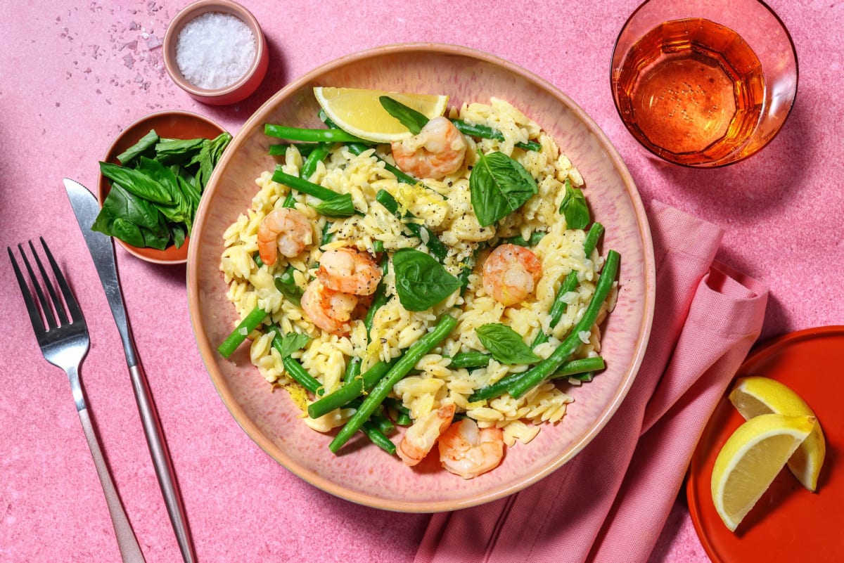 Crevetten auf Zitronen-Knoblauch-Orzo 