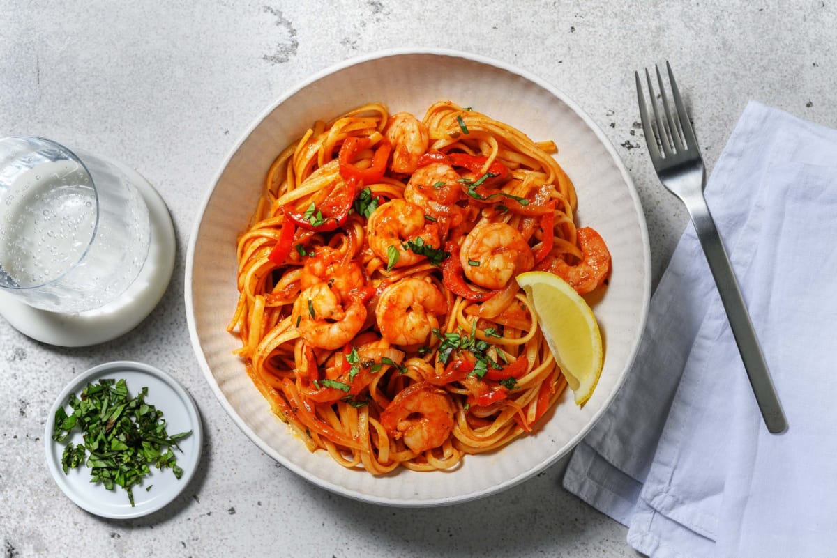 Linguine met knoflookscampi's en venkel-tomatensaus