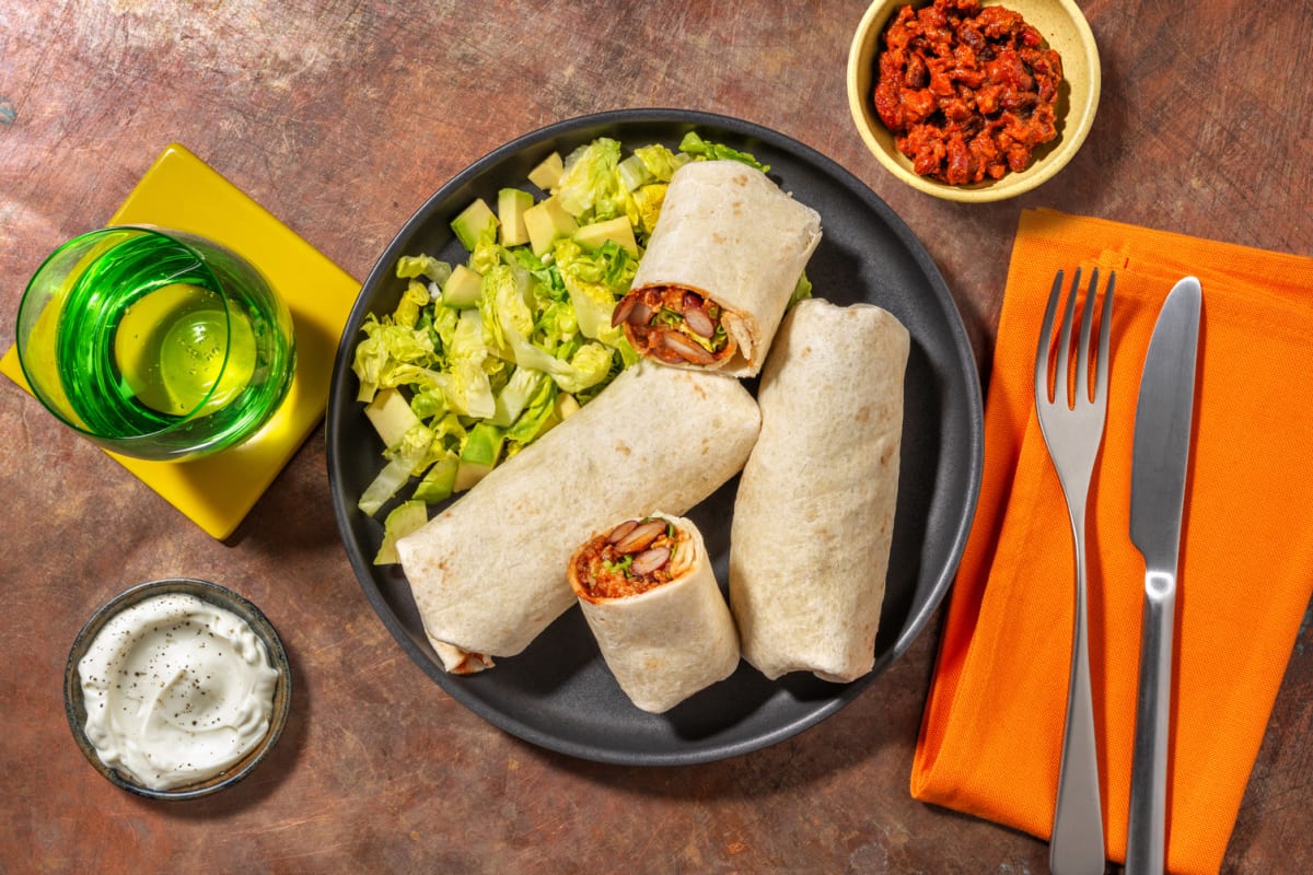 Burrito mexicano au bœuf, frijoles & cheddar