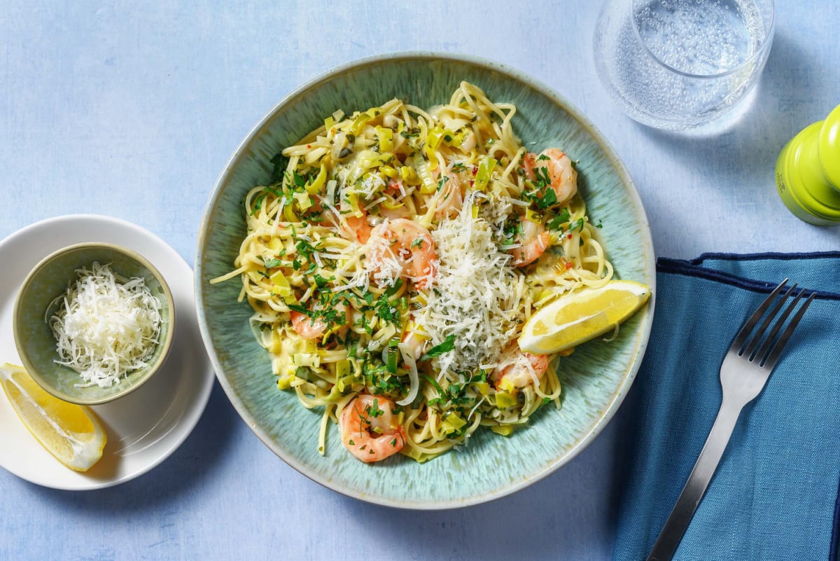 Crevetten auf Spaghetti in frischer Rahmsauce