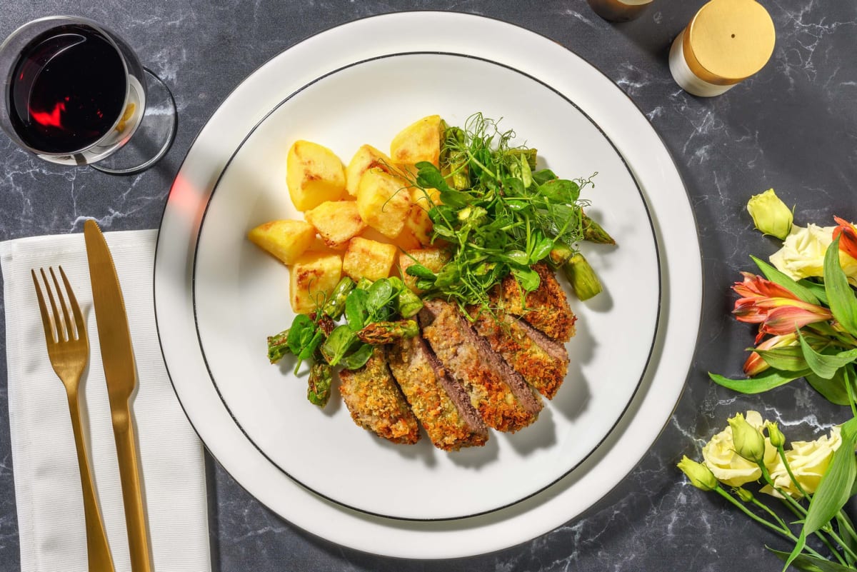 Pesto Crusted Lamb Steak and Roast Potatoes