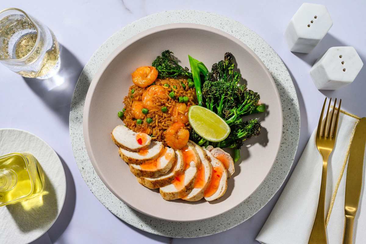 Indonesian Style Spiced Sticky Chicken and King Prawn Fried Rice