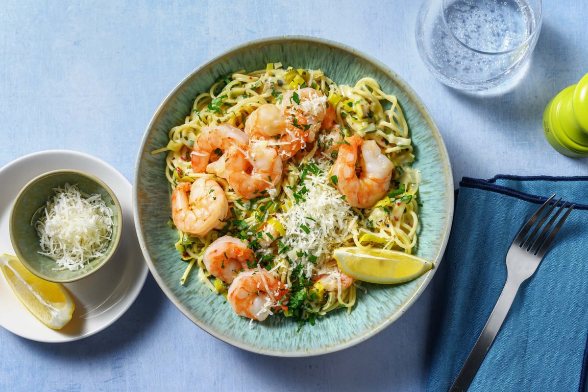 Riesengarnelen auf Spaghetti in frischer Sahnesoße