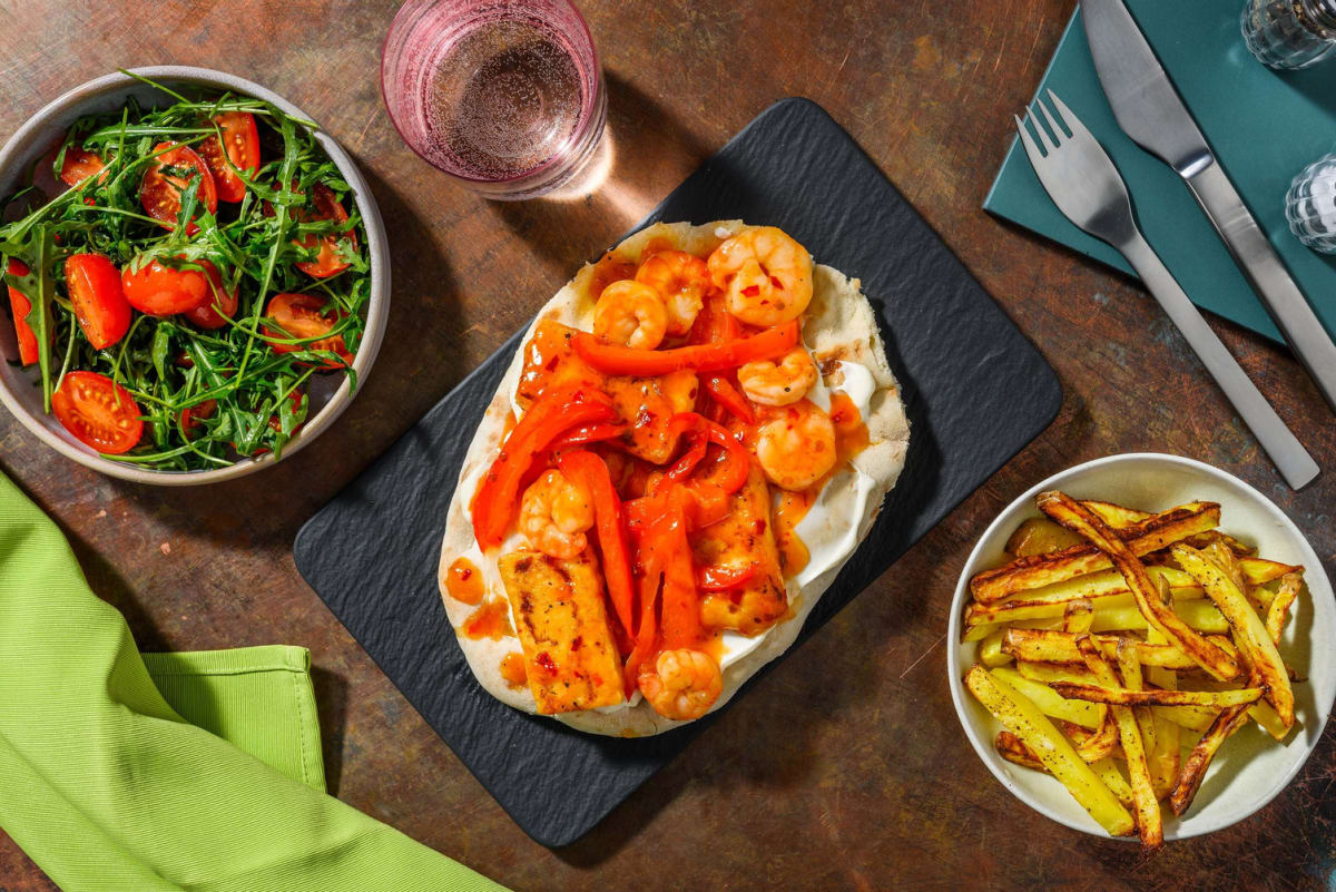 Sweet Chilli King Prawn & Halloumi Loaded Flatbreads Recipe HelloFresh