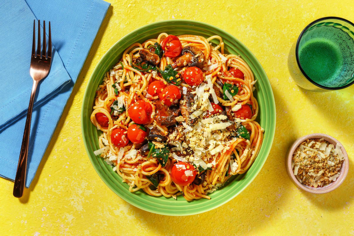 Spaghetti aglio e olio garnis de panko croquante au fromage