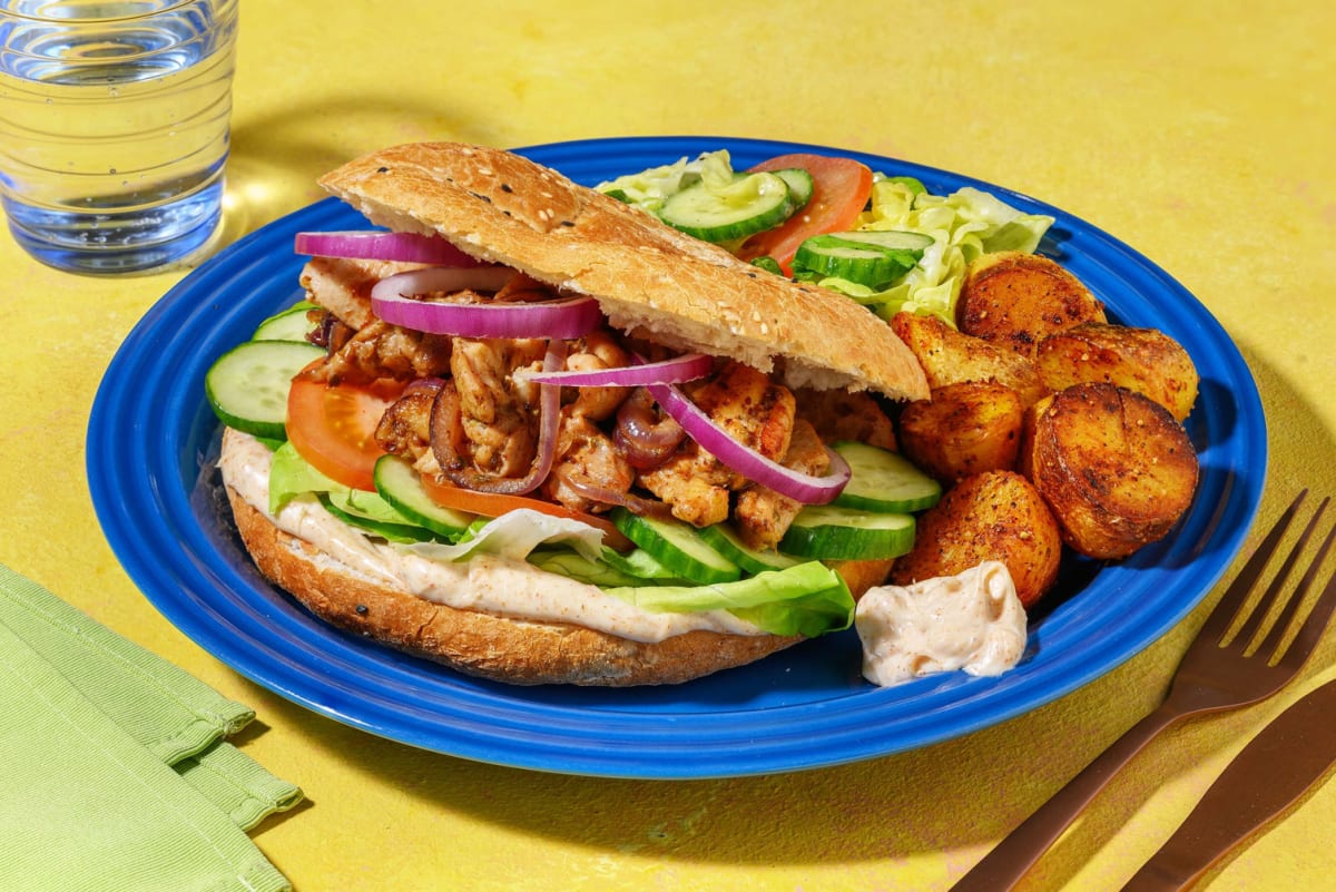 Pain turc garni d'émincés de poulet aux épices kebab