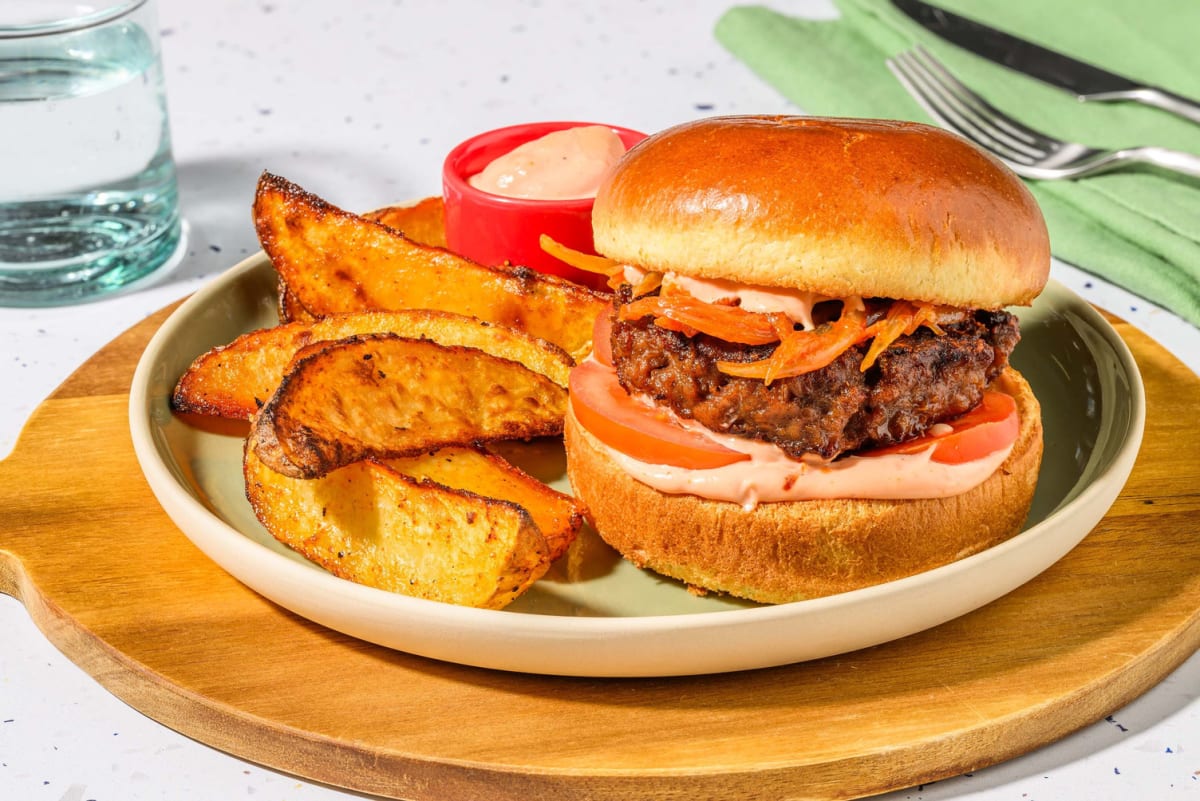 Beyond Burger mit Onion Rings und Tomate