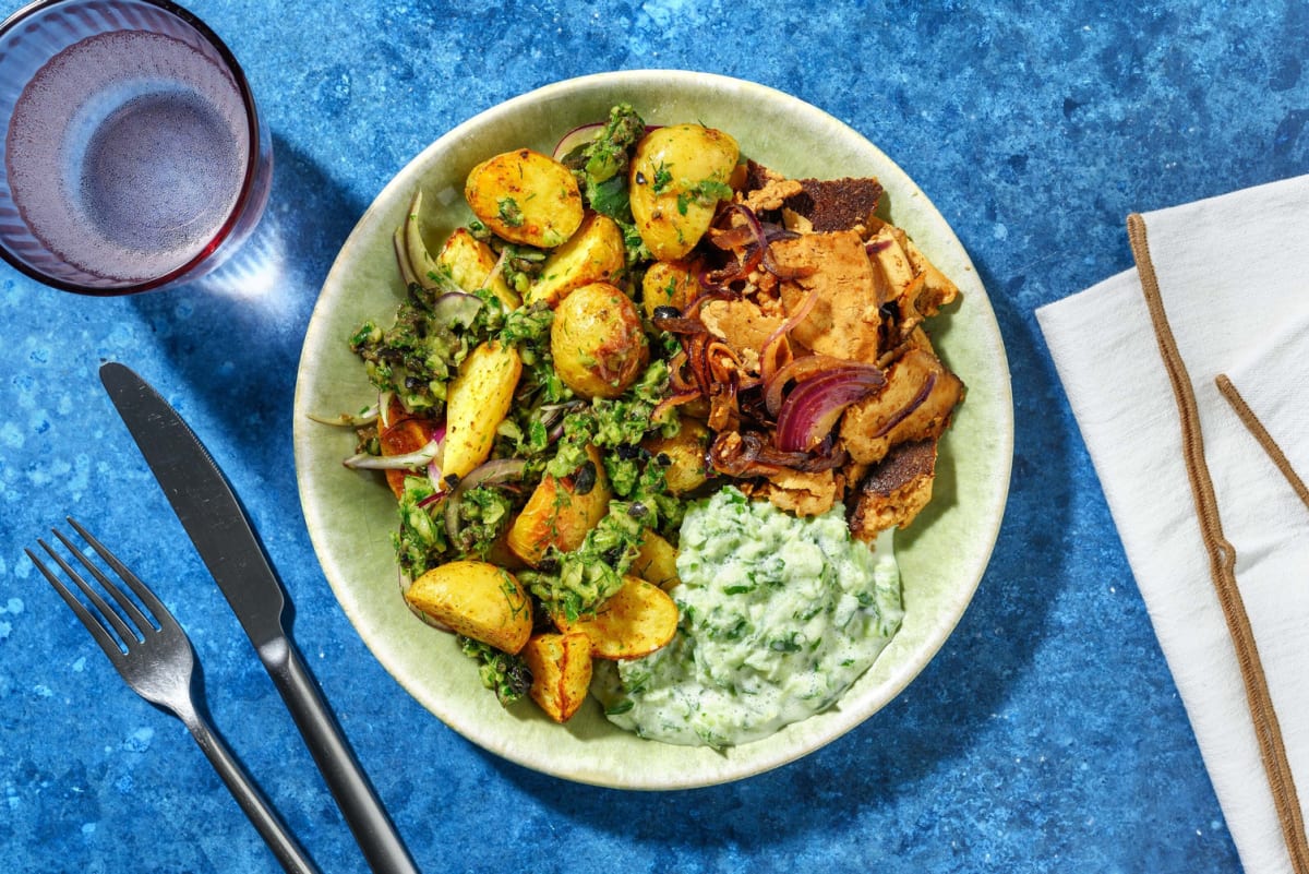 Souflaki-Räuchertofu mit Kartoffelsalat & Zaziki