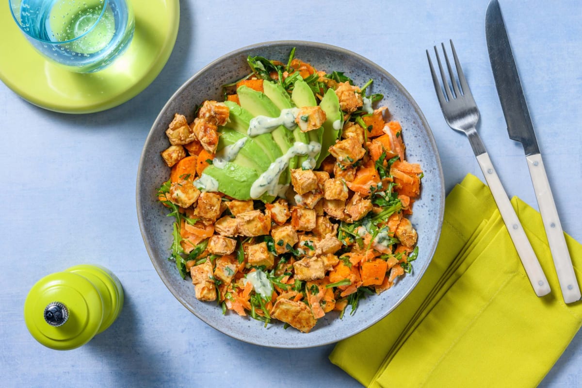 Süsskartoffelsalat mit Cajun-Popcorn-Tofu