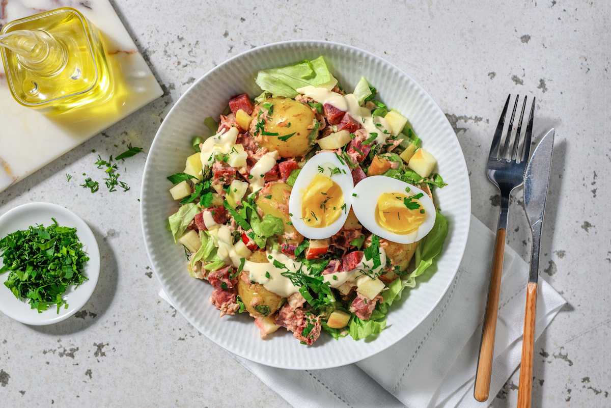 Tonijn-krieltjessalade met honing-mosterddressing 