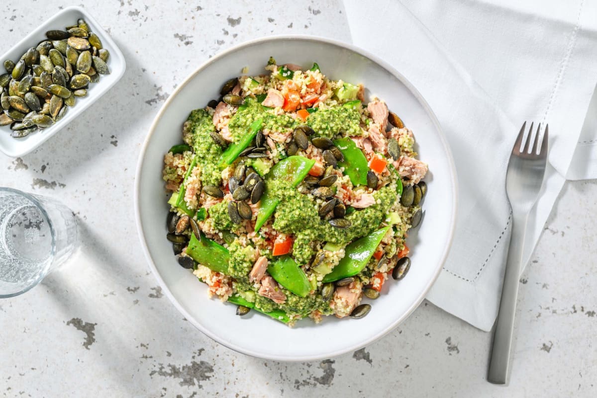 Groene couscous met tonijn en peultjes