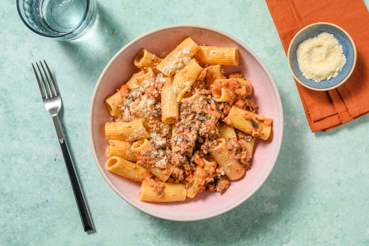 Rigatoni al Ragù mit Rind und Aubergine