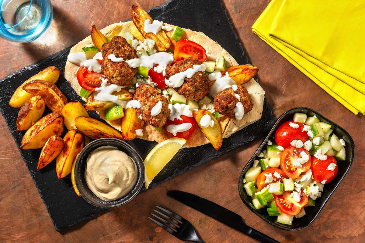Greek Inspired Beef Kofta, Halloumi & Houmous Gyros and Chips