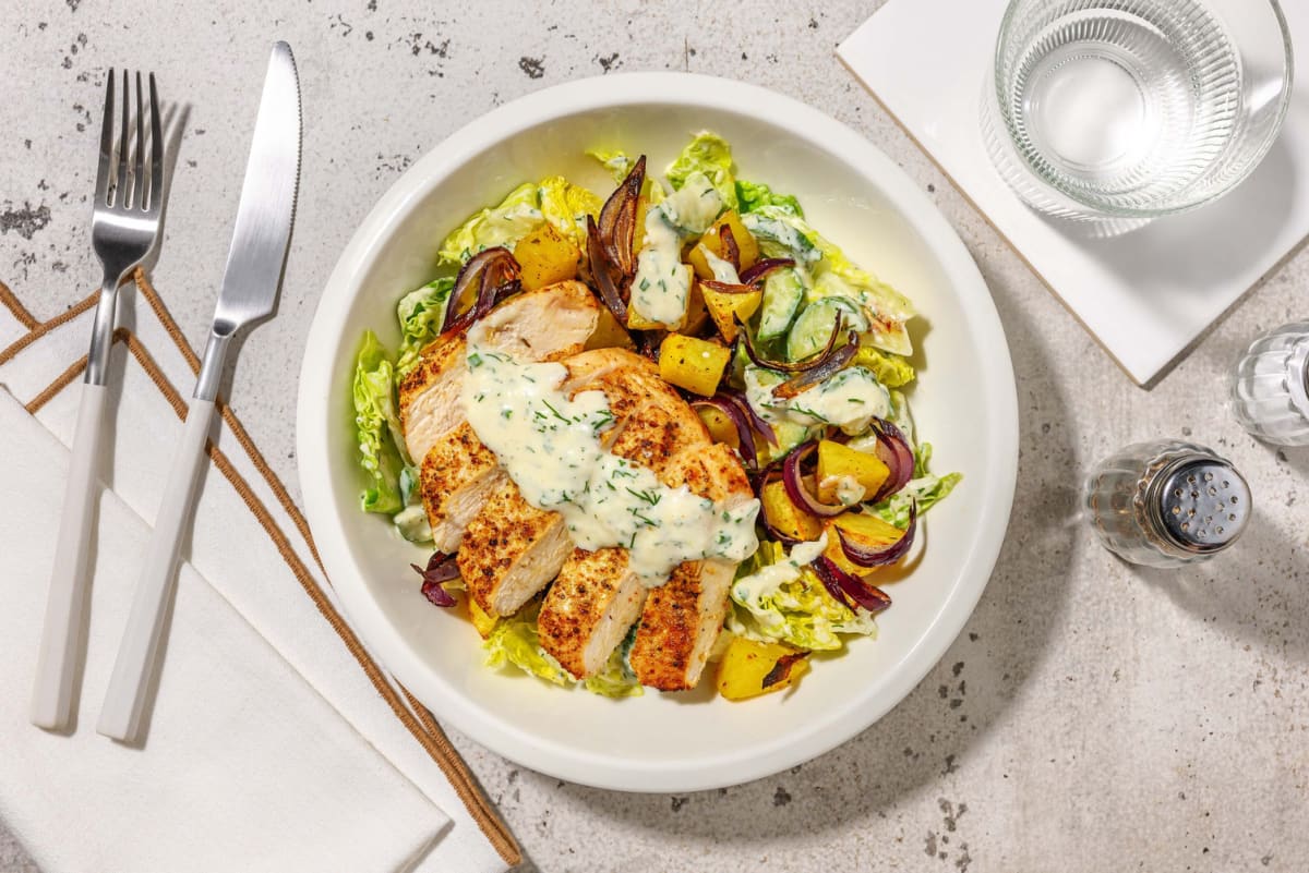 Souflaki-Poulet-Salat mit Kartoffelwürfeln