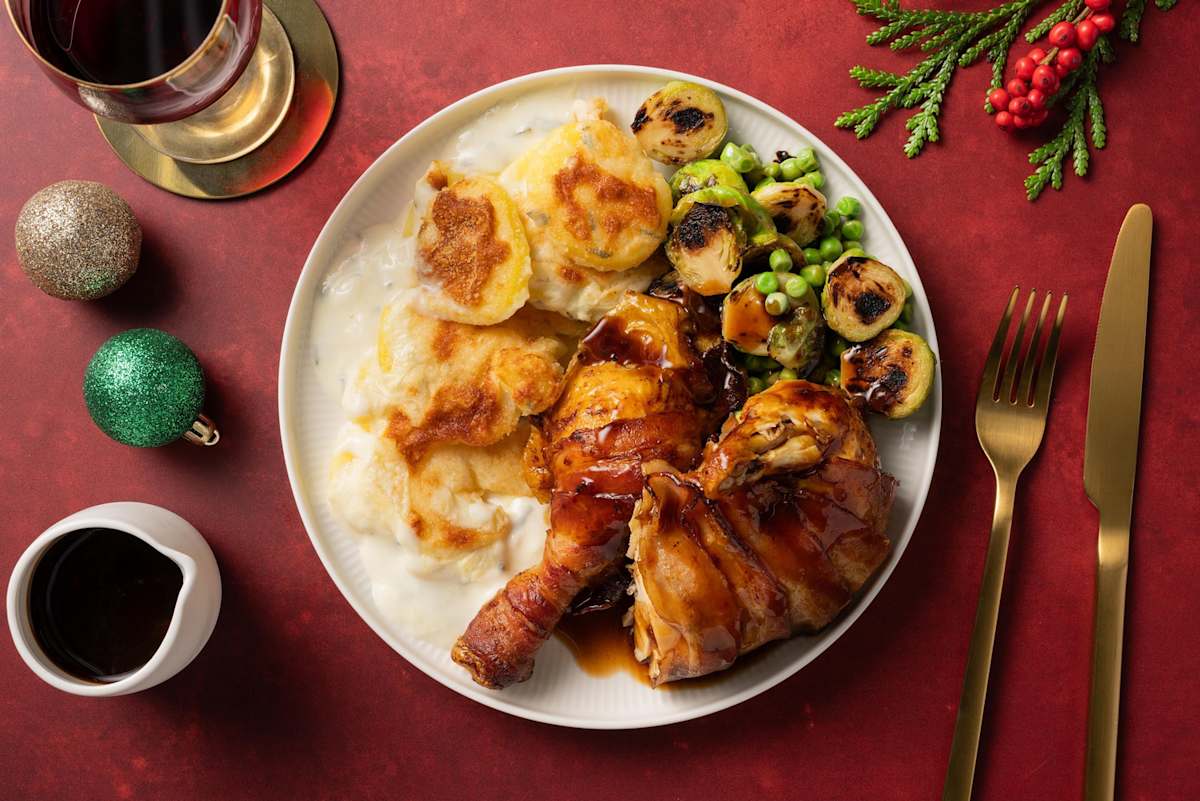 Bacon Wrapped Roast Chicken and Red Wine Jus