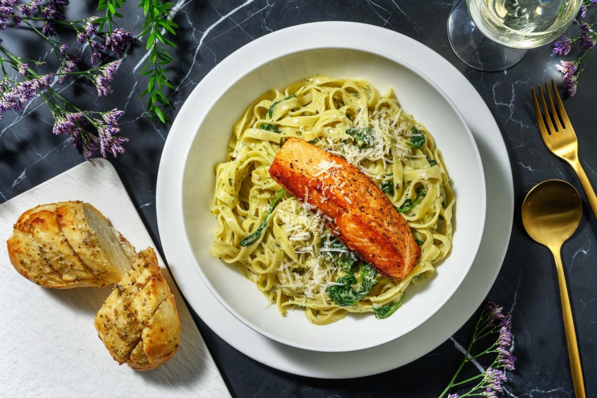 Easy Salmon on Fresh Pesto Tagliatelle