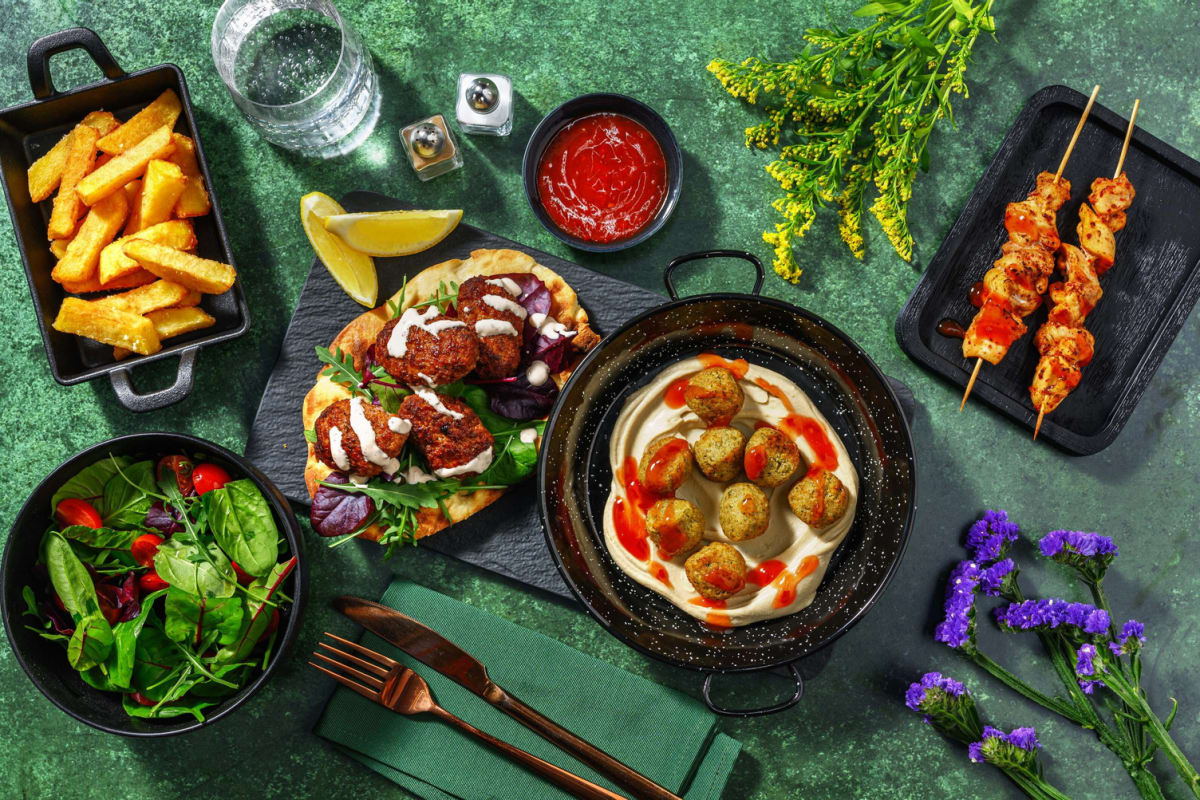 Harissa Chicken Shawarma and Lamb Koftas Mezze Feast