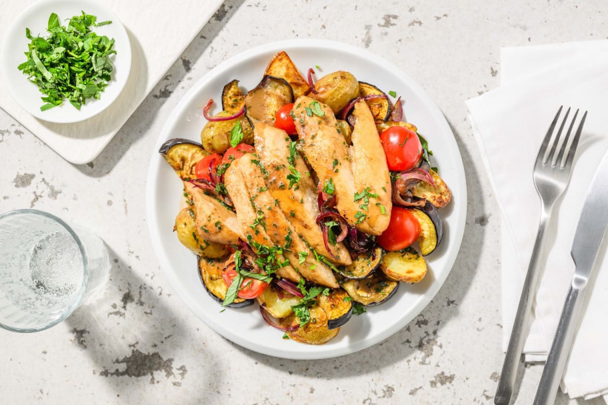 Harissa-Chick-Eria Filet auf Ofengemüse