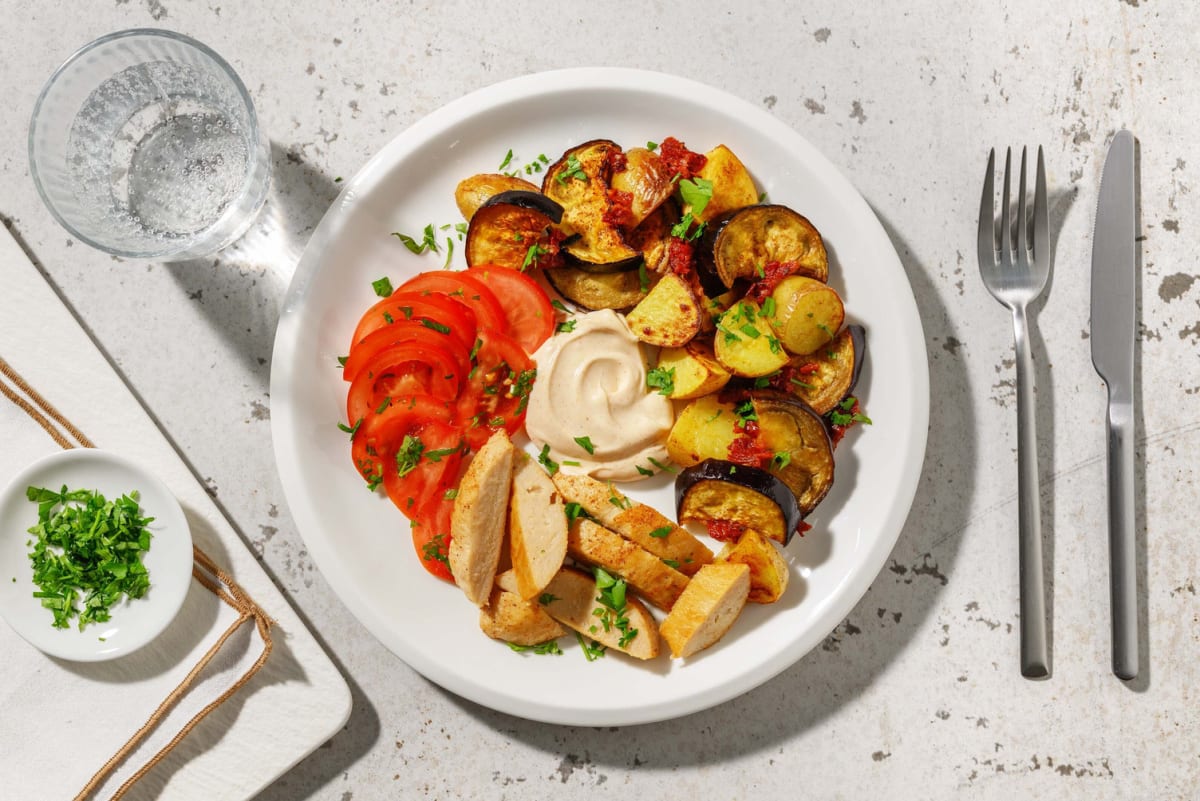 Veganes Chick-Eria Filet mit Patatas Bravas