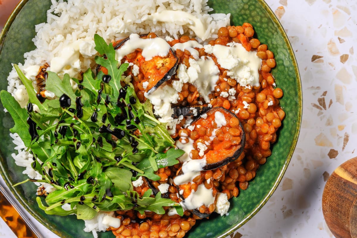 Quick Lentil Moussaka Style Rice Bowl