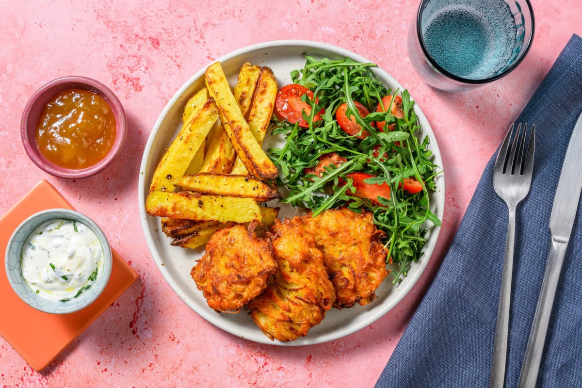 Onion Bhaji Fritters and Chips