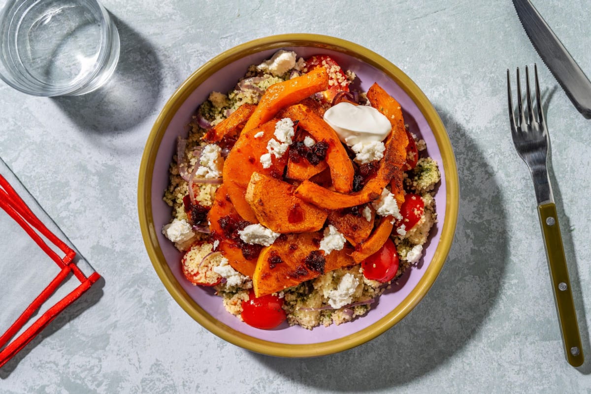 Peri Peri Squash and Chorizo on Tomato Zhoug Couscous