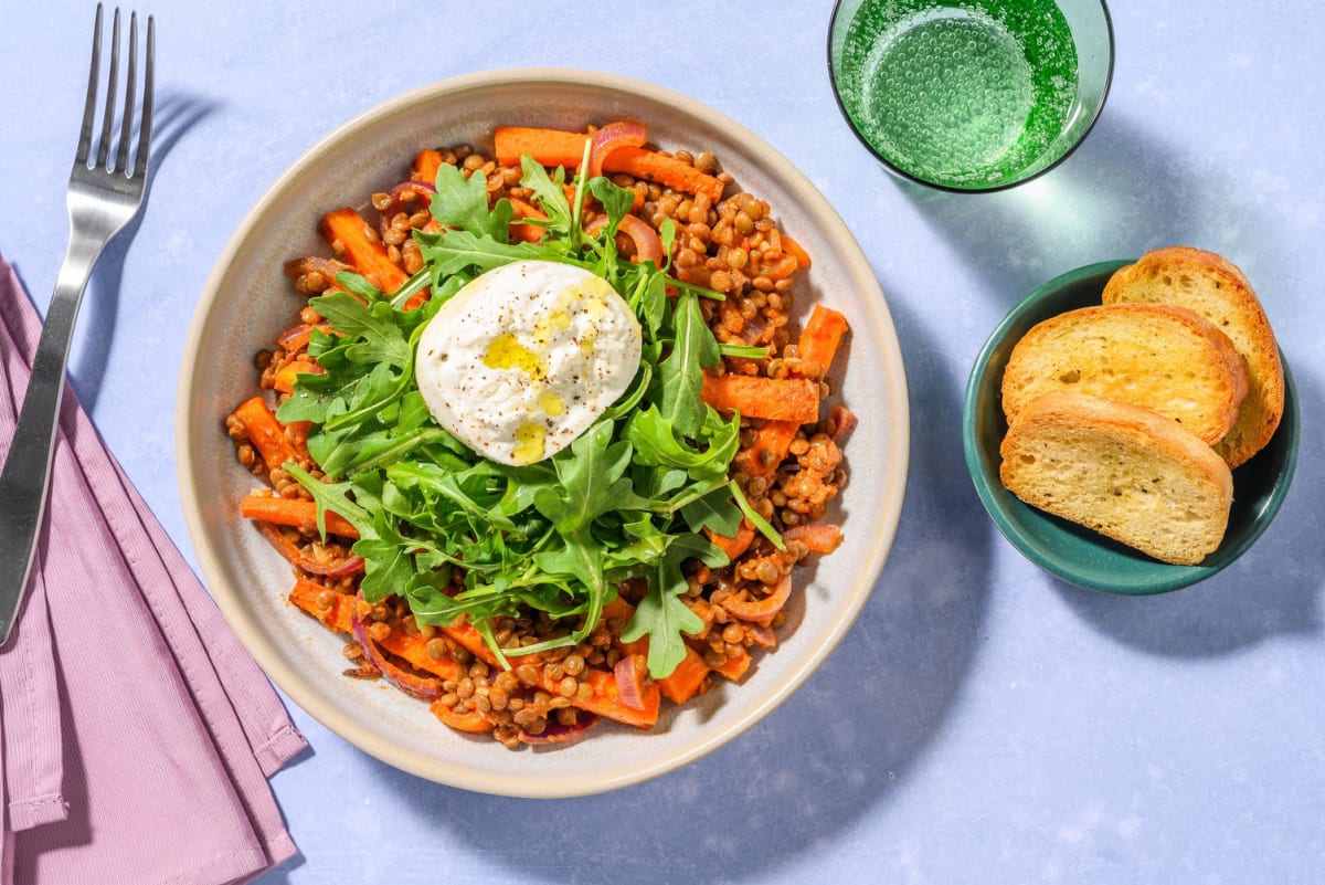 Cosy Burrata and Warm Harissa Lentil Salad