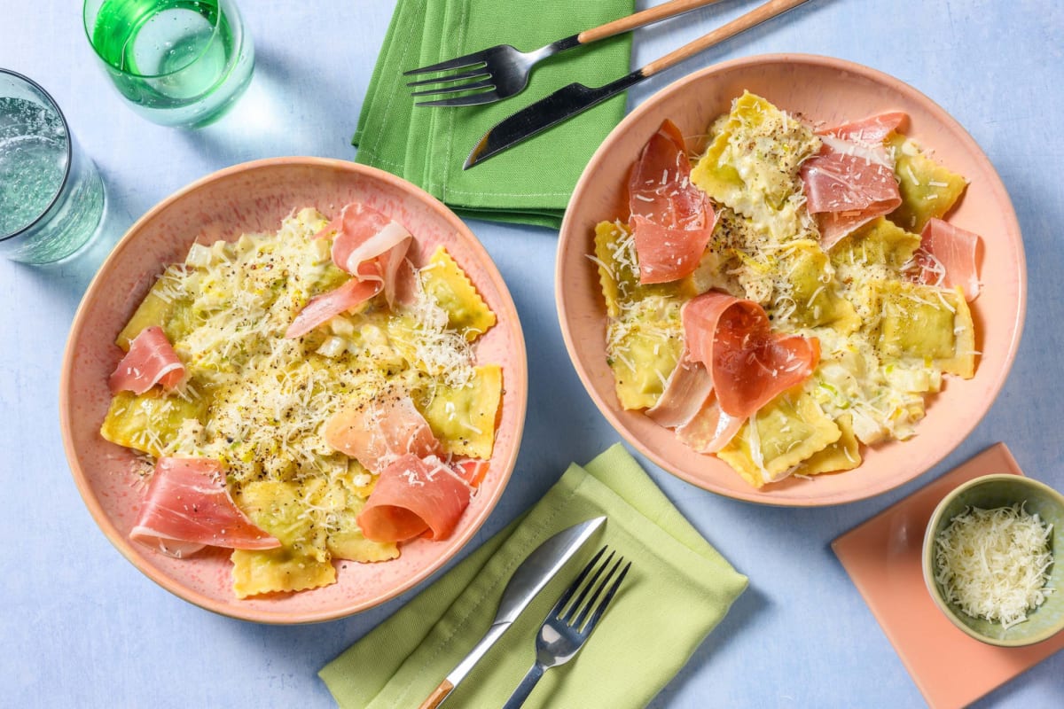 Pasta primavera met knapperige serranoham