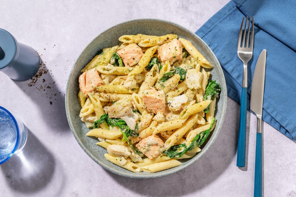 Salmon, Smoked Haddock and Cod Pesto Penne Recipe HelloFresh