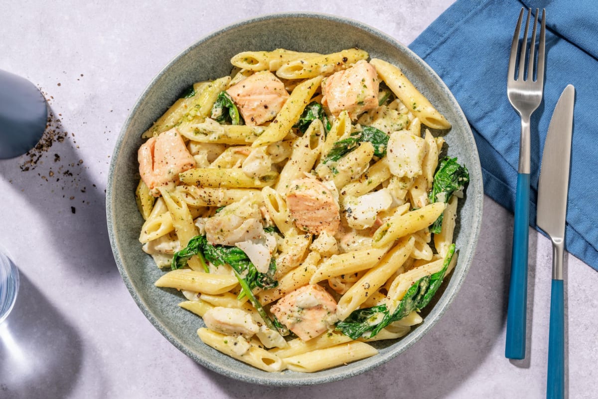 Salmon, Smoked Haddock and Cod Pesto Penne
