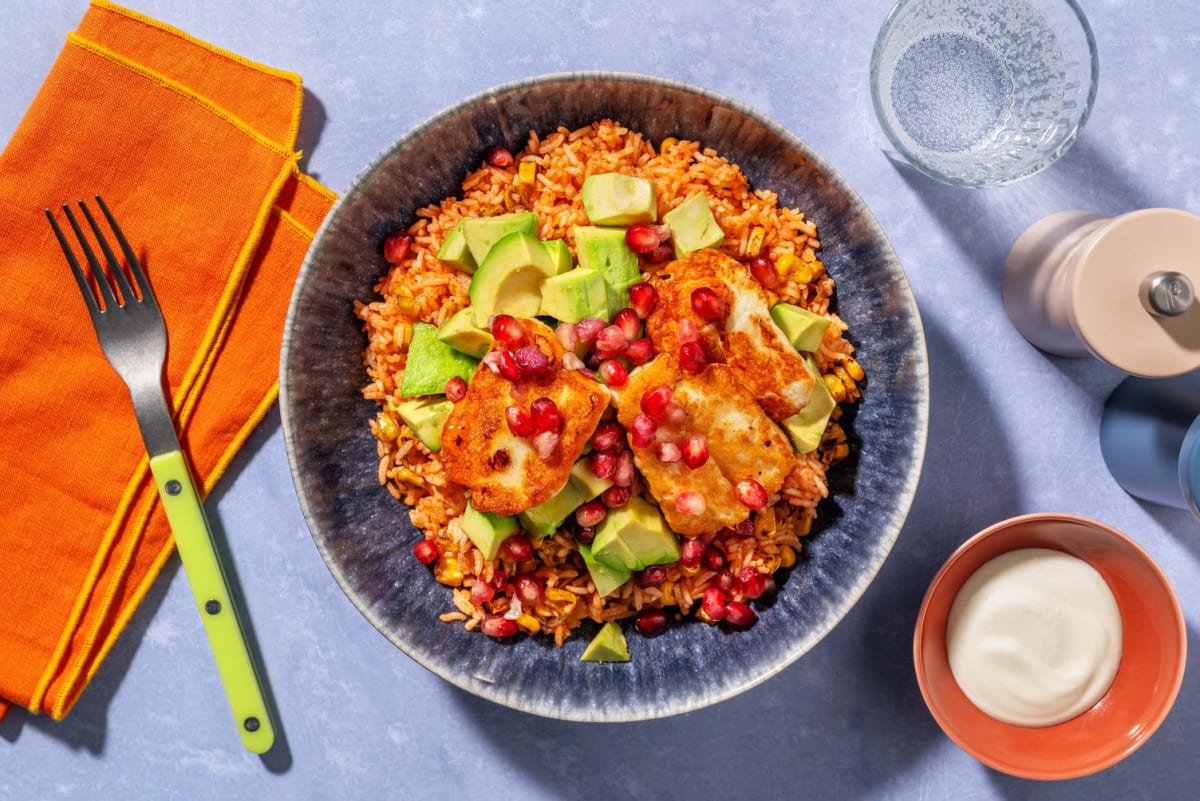 Lime Glazed Halloumi, Avocado and Pomegranate