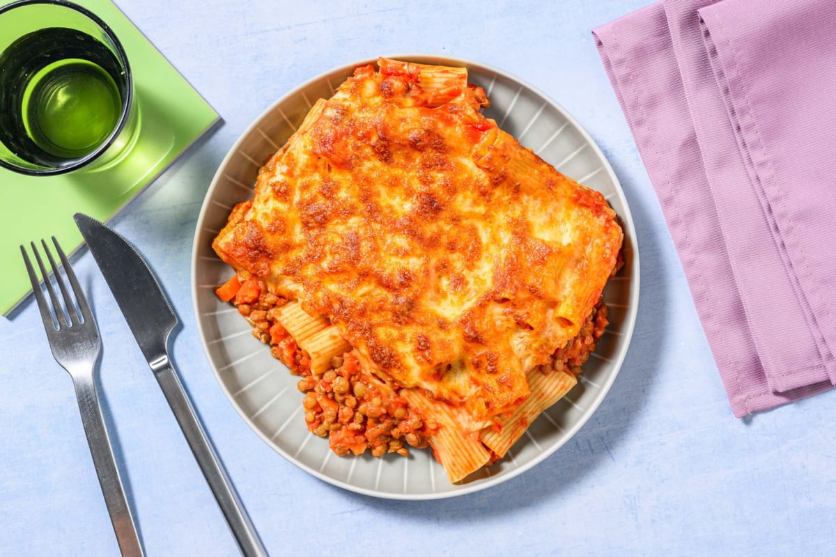 Rigatoni al forno met mozzarella en Parmigiano Reggiano