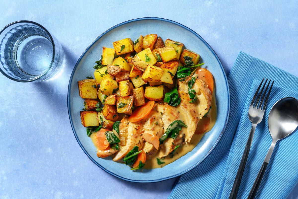 Kipfilet in roomsaus met spinazie en wortel