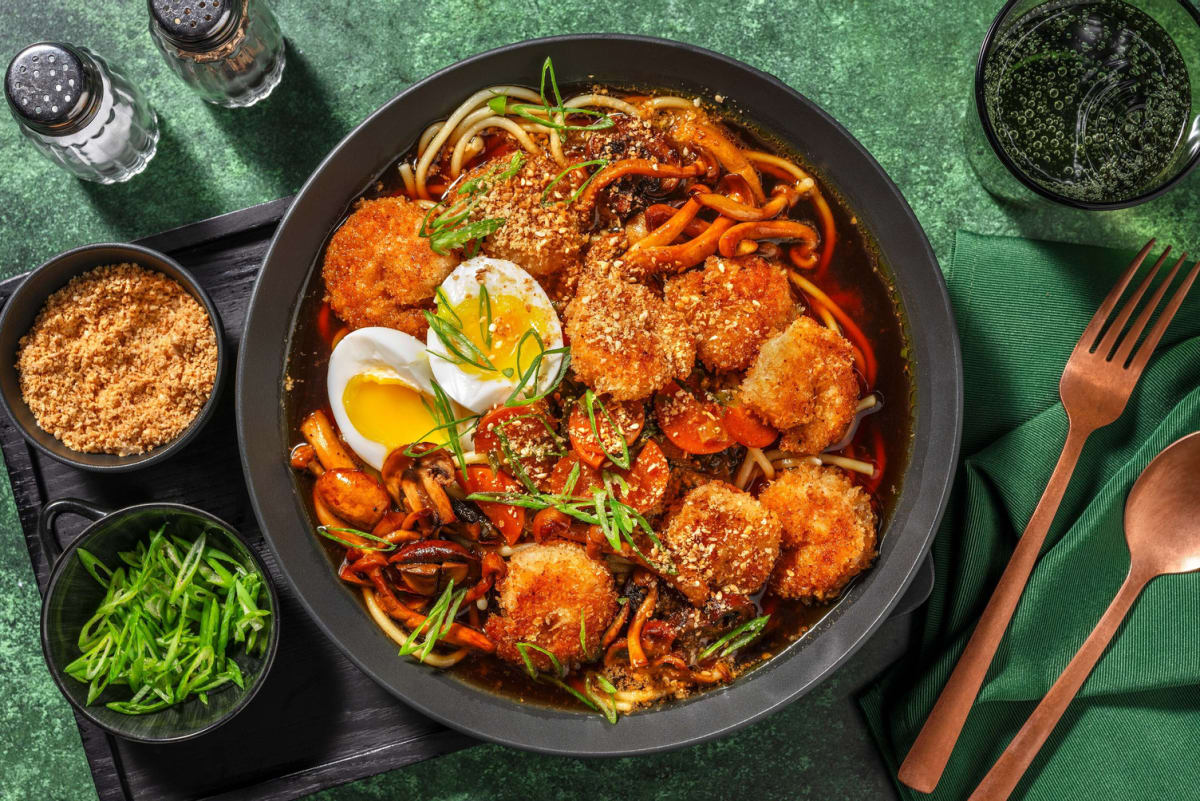 Crevettes panées à la panko sur ramen gourmand au miso